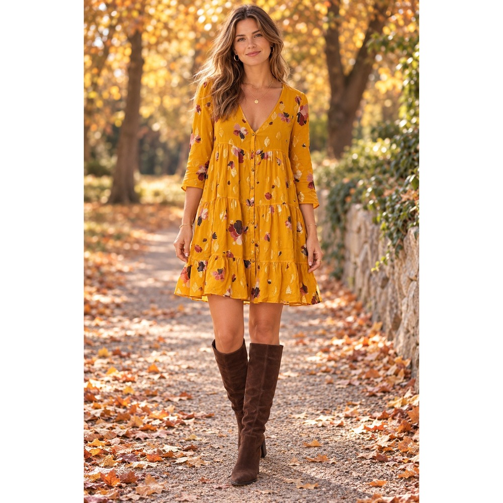 Sezane Women Size 8 Aure Dress Yellow Silk Floral Metallic Boho Mini Dress